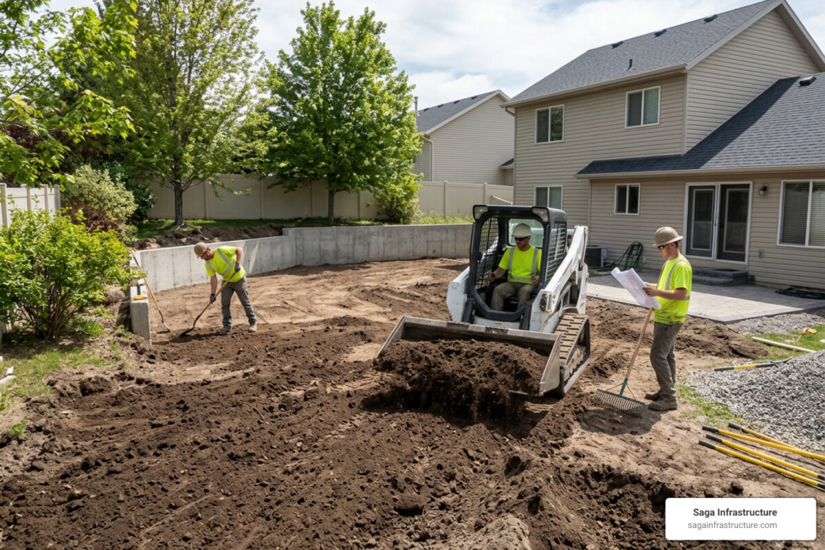 landscape grading contractors working on residential yard
